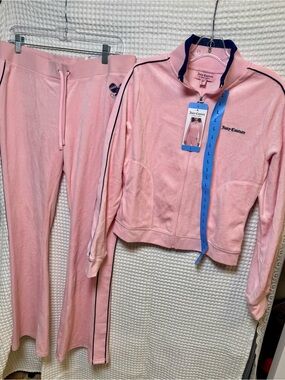 NWT Juicy Couture Pink Velour Zip Jacket & Drawstring Pant Set with Navy Trim